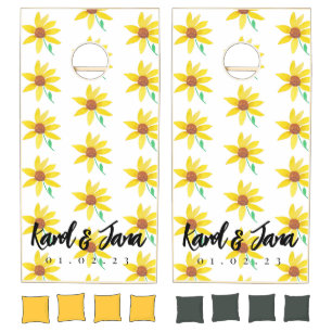 Watercolor Sunflowers Monogrammed  Wedding Name Cornhole Set