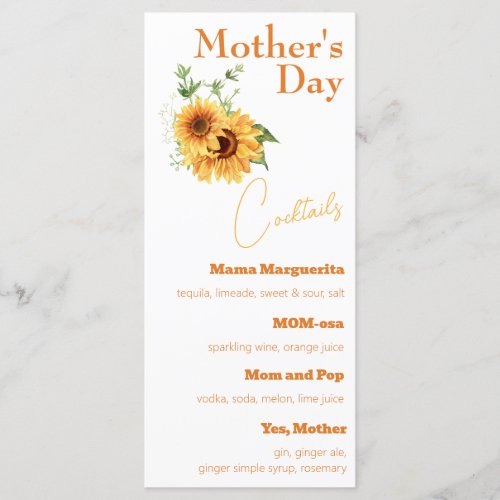 Watercolor Sunflowers Mothers Day Cocktails Menu