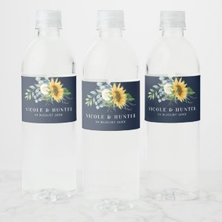 watercolor sunflowers navy blue wedding water bottle label