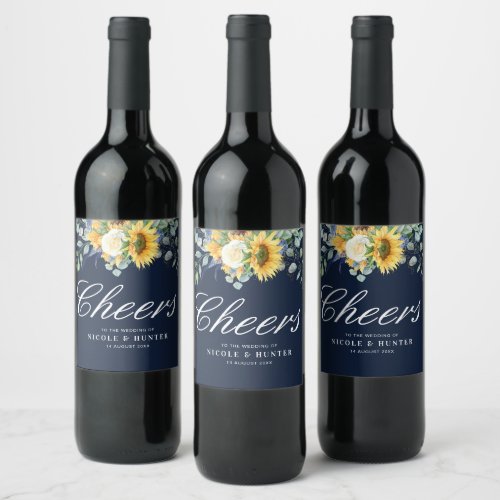 watercolor sunflowers navy blue wedding wine label