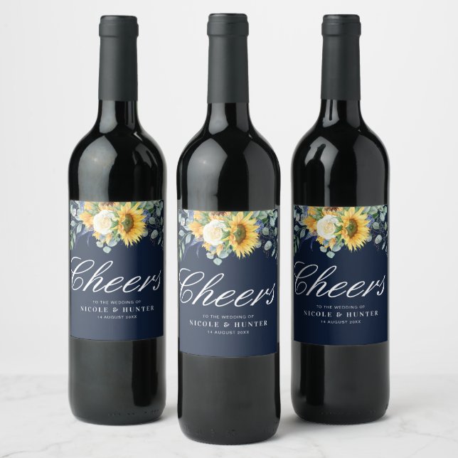 watercolor sunflowers navy blue wedding wine label (Bottles)