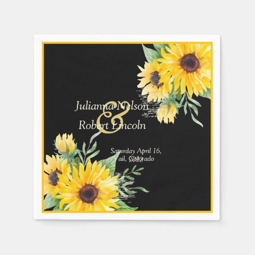Watercolor sunflowers on black wedding   classic r napkins