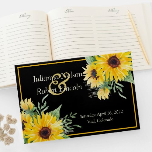Watercolor sunflowers on black wedding    guest book