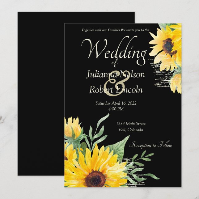 Watercolor sunflowers on black wedding Invitation (Front/Back)