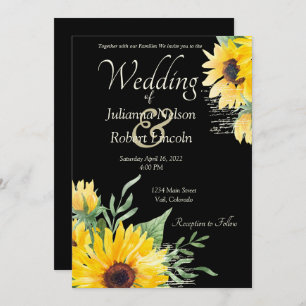 Watercolor sunflowers on black wedding Invitation