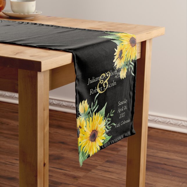 Watercolor sunflowers on black wedding    long table runner (In Situ)