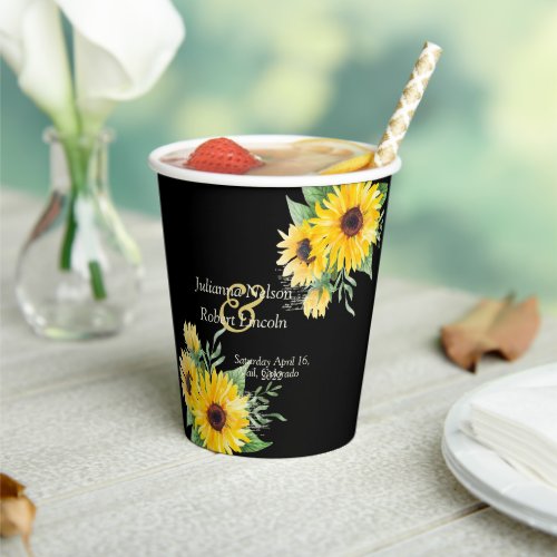 Watercolor sunflowers on black wedding   paper cups