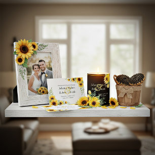 Watercolor sunflowers on black wedding pillar candle
