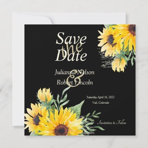 Watercolor sunflowers on black wedding  save the date