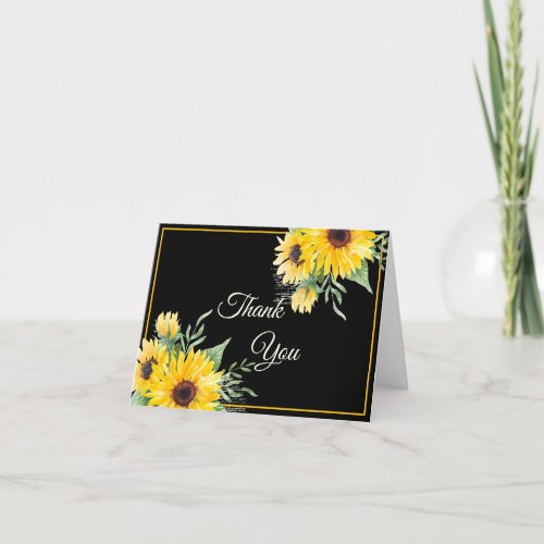 Watercolor sunflowers on black wedding   thank you card