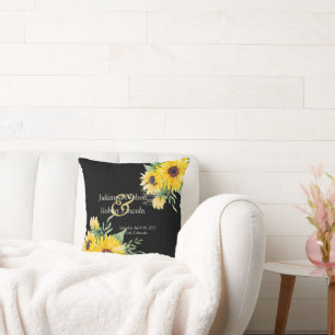 Watercolor sunflowers on black wedding    throw pillow