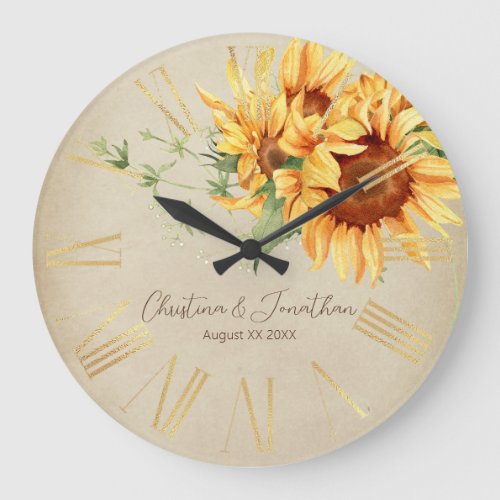 Watercolor Sunflowers on Faded Parchment Large Clock