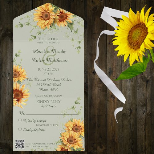 Watercolor Sunflowers on Sage Green with QR Code  All In One Invitation