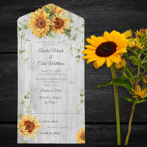 Watercolor Sunflowers on Whitewashed Wood All In One Invitation
