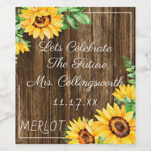 Watercolor Sunflowers On Wood Look Sparkling Wine  Wine Label (Single Label)