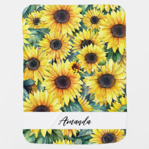 Watercolor Sunflowers Pattern Personalized Name Baby Blanket