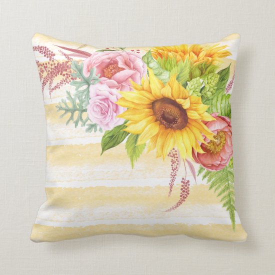 Watercolor Sunflowers Peonies Roses Stripes Throw Pillow