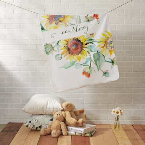 Watercolor sunflowers personalized    baby blanket