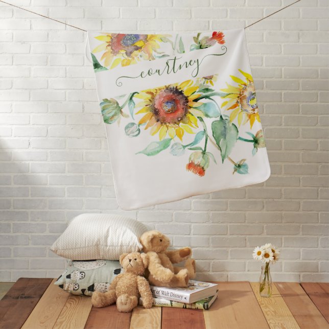 Watercolor sunflowers personalized    baby blanket (In Situ)