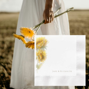 Watercolor Sunflowers Personalized Coined Wedding Napkins