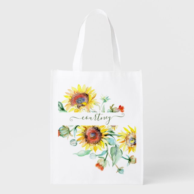 Watercolor sunflowers personalized    grocery bag (Front)