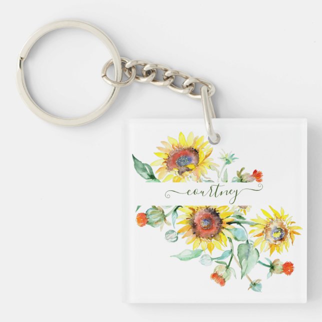 Watercolor sunflowers personalized    keychain (Front)