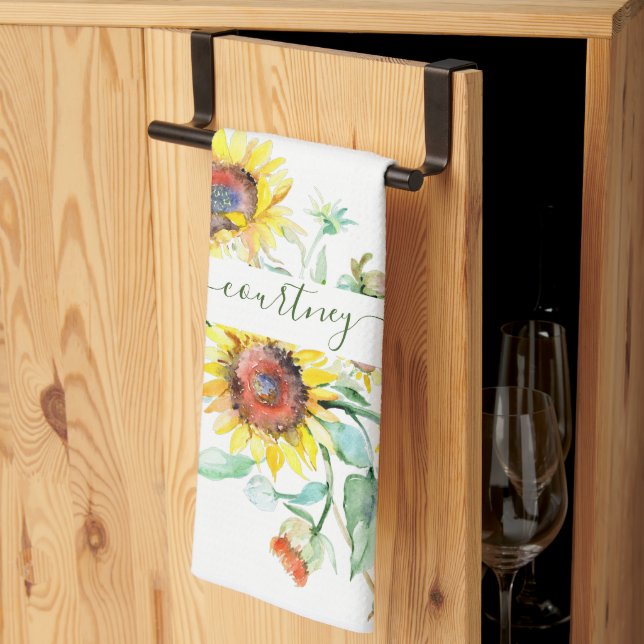 Watercolor sunflowers personalized    kitchen towel (Thirds Fold)