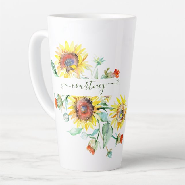 Watercolor sunflowers personalized    latte mug (Left Angle)