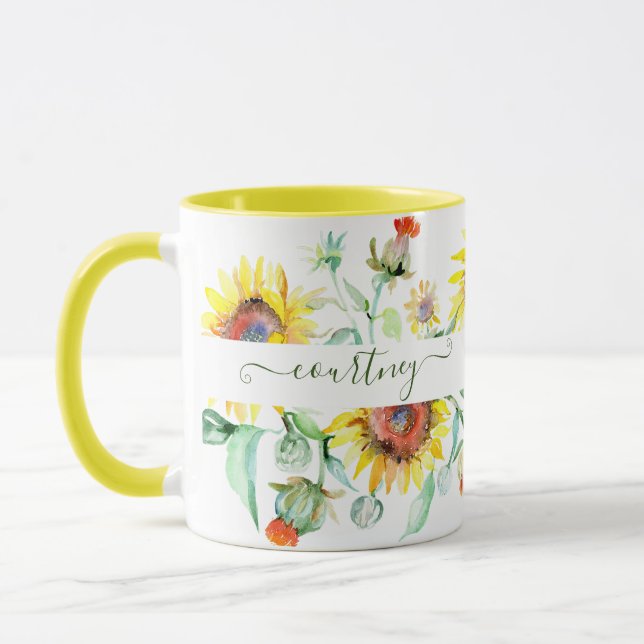 Watercolor sunflowers personalized mug (Left)