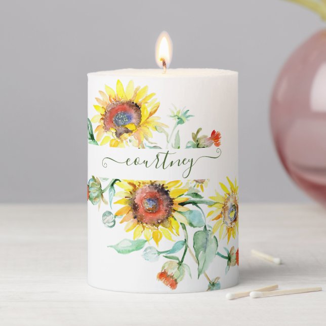 Watercolor sunflowers personalized    pillar candle (In Situ)