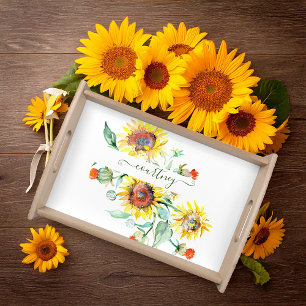 Watercolor sunflowers personalized    serving tray