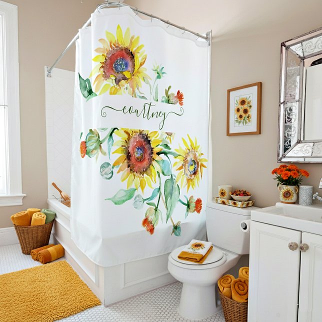 Watercolor sunflowers personalized    shower curtain (Creator Uploaded)