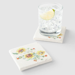 Watercolor sunflowers personalized stone coaster