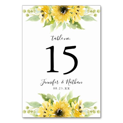 Watercolor Sunflowers  Personalized Wedding Table Number