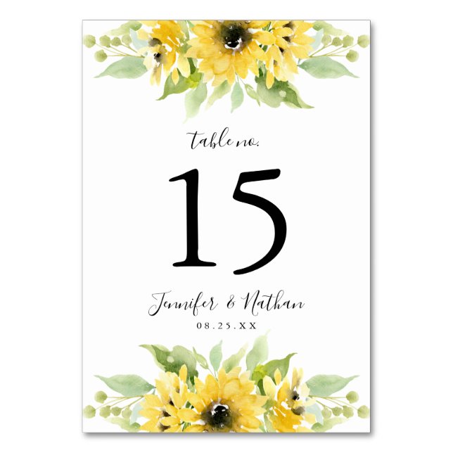 Watercolor Sunflowers | Personalized Wedding Table Number (Front)