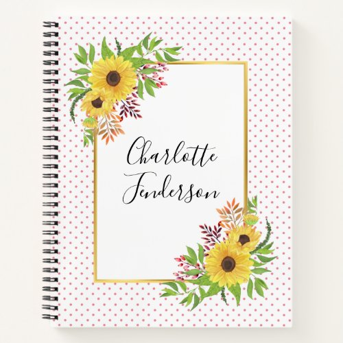 Watercolor sunflowers pink and white polka dots notebook