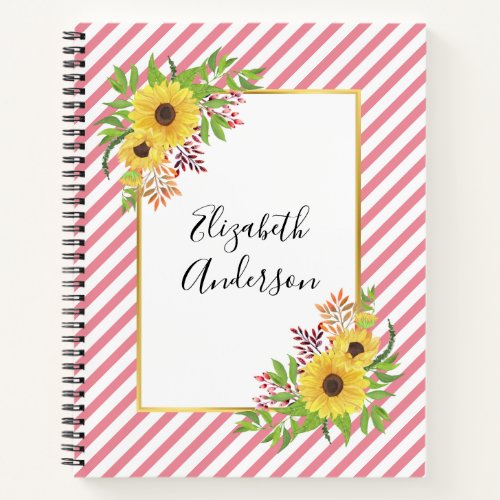 Watercolor sunflowers pink and white stripes notebook