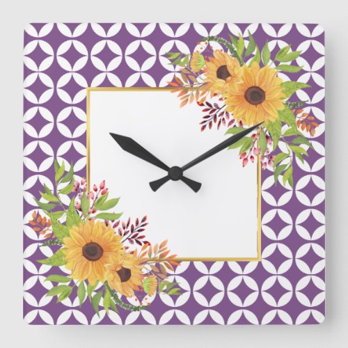 Watercolor sunflowers purple geometric pattern  square wall clock