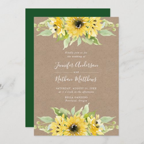 Watercolor Sunflowers  Rustic Kraft Paper Wedding Invitation