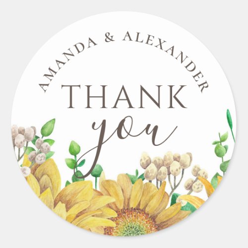 Watercolor sunflowers Rustic wedding thank you Classic Round Sticker