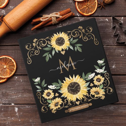 Watercolor Sunflowers Script Name Monogram Recipe 3 Ring Binder