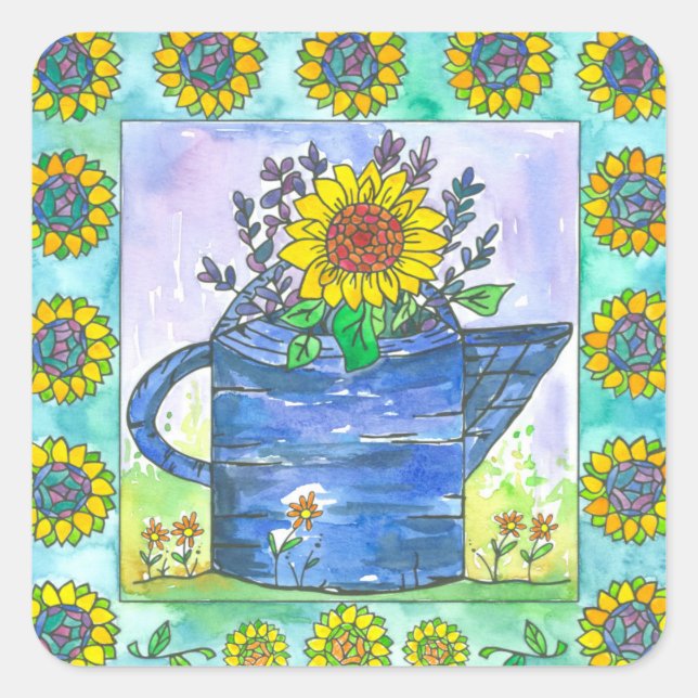 Watercolor Sunflowers Square Sticker (Front)