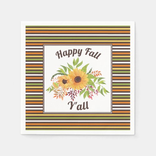 Watercolor sunflowers stripes Happy fall Yall Napkins