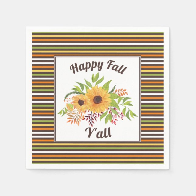 Watercolor sunflowers, stripes Happy fall Y'all Napkins (Front)