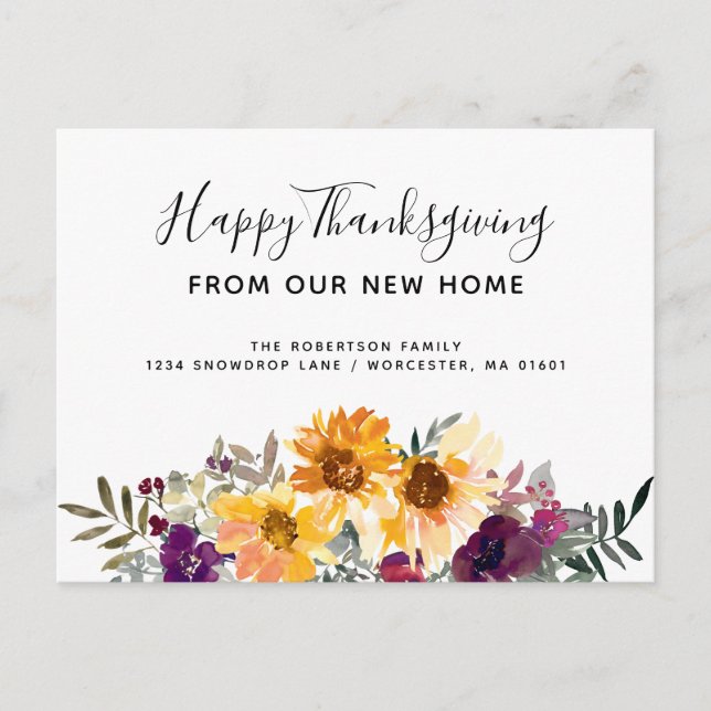 Watercolor Sunflowers Thanksgiving Holiday Moving Announcement Postcard (Front)