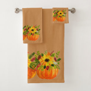 Watercolor Sunflowers Thanksgiving Pumpkins Fall  Bath Towel Set