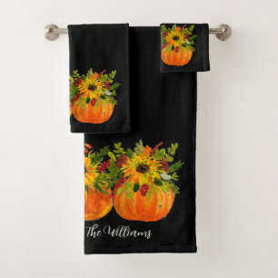 Watercolor Sunflowers Thanksgiving Pumpkins Fall  Bath Towel Set