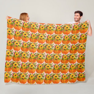 Watercolor Sunflowers Thanksgiving Pumpkins Fall Fleece Blanket