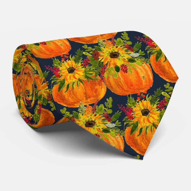Watercolor Sunflowers Thanksgiving Pumpkins Fall  Neck Tie (Rolled)