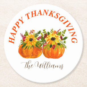 Watercolor Sunflowers Thanksgiving Pumpkins Fall  Round Paper Coaster